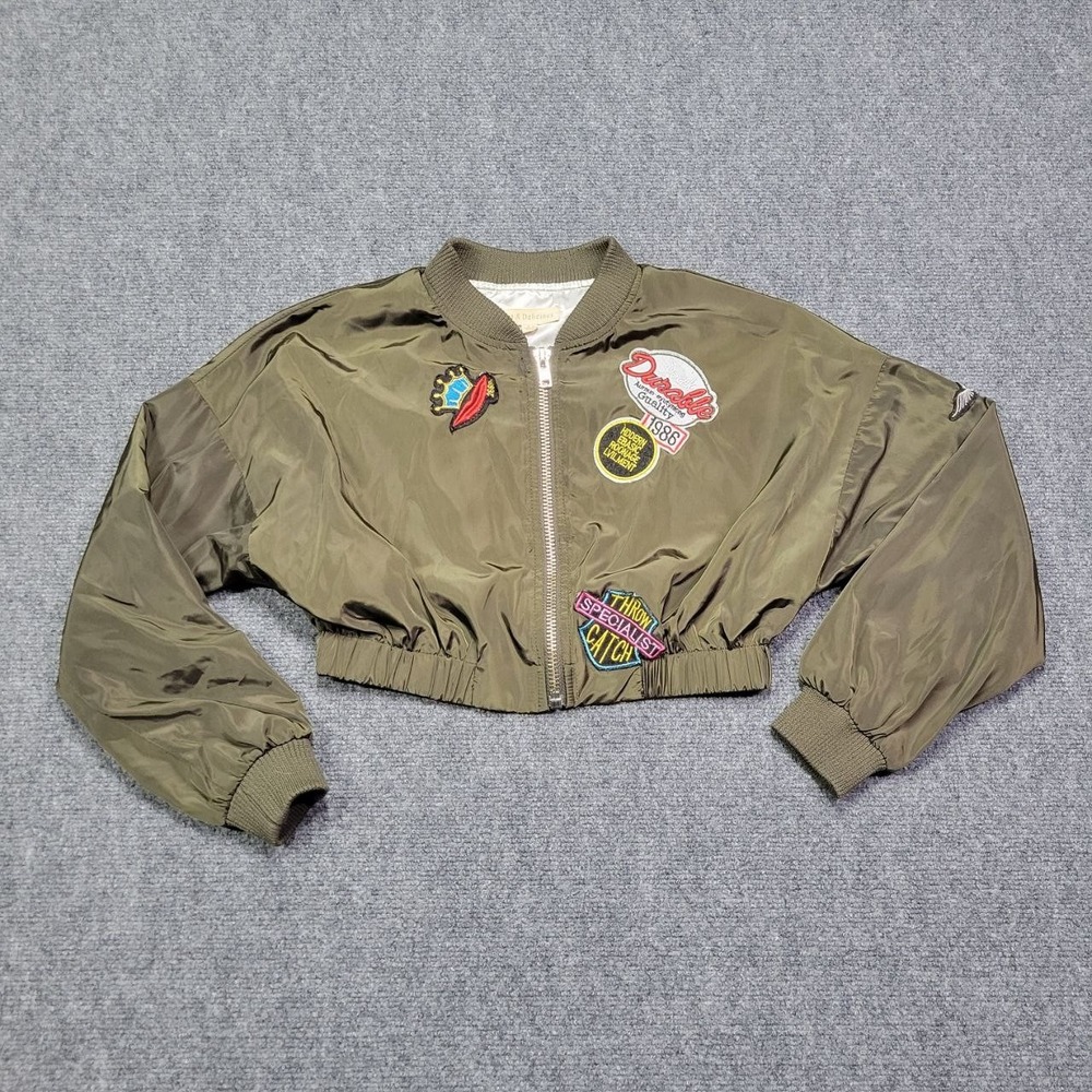 Hot & Delicious Jacket Womens Small Olive Green‎ Bomber Zip Up Patch Utility